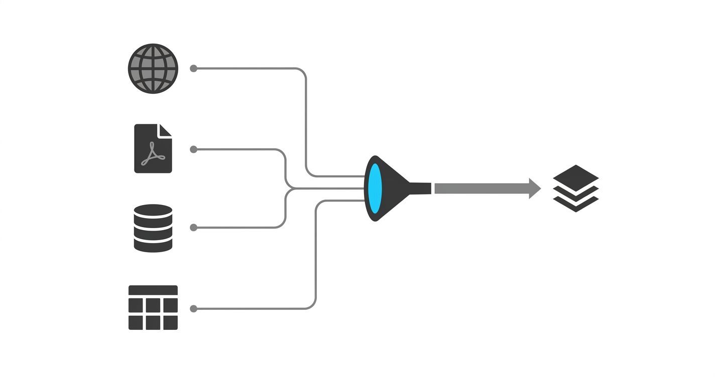 Content sources — web, PDF, database, and CMS — converging through a pipeline into a unified index